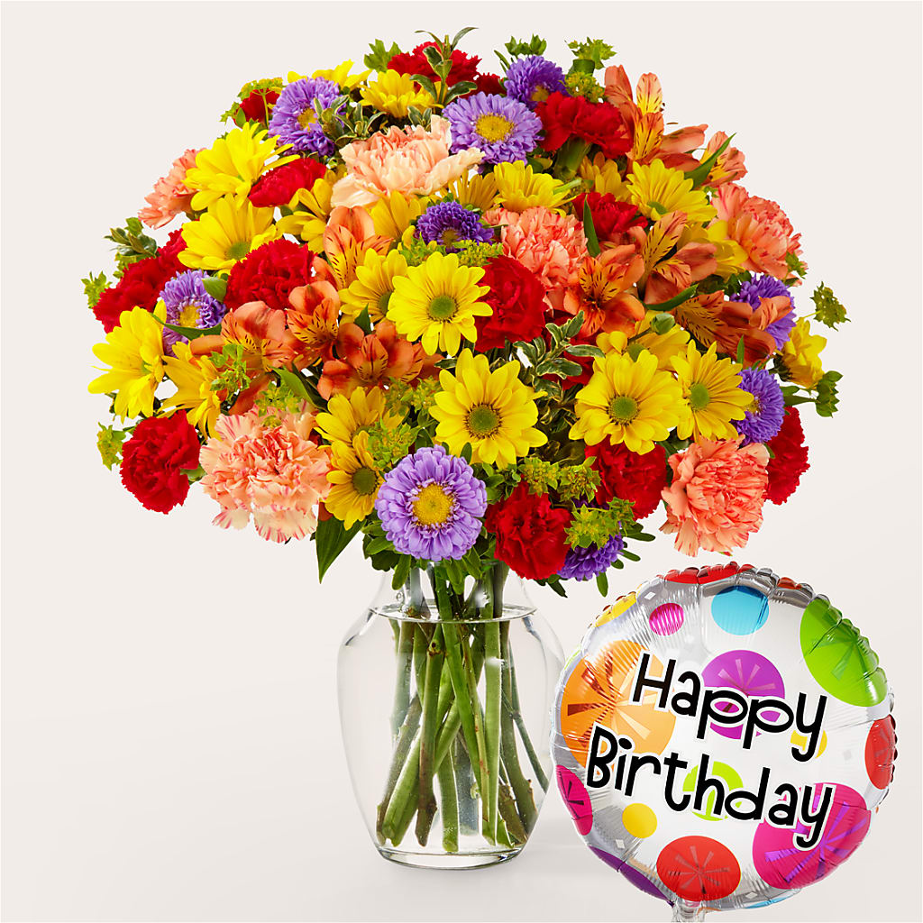 Kaleidoscope Bouquet with Birthday Balloon – Secret Garden Atx, Hutto TX