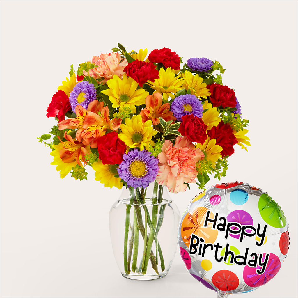 Kaleidoscope Bouquet with Birthday Balloon – Secret Garden Atx, Hutto TX