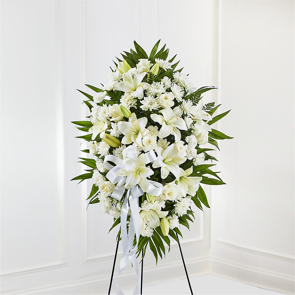 Exquisite Tribute Standing Spray-White Ribbon – Secret Garden Atx, Hutto TX