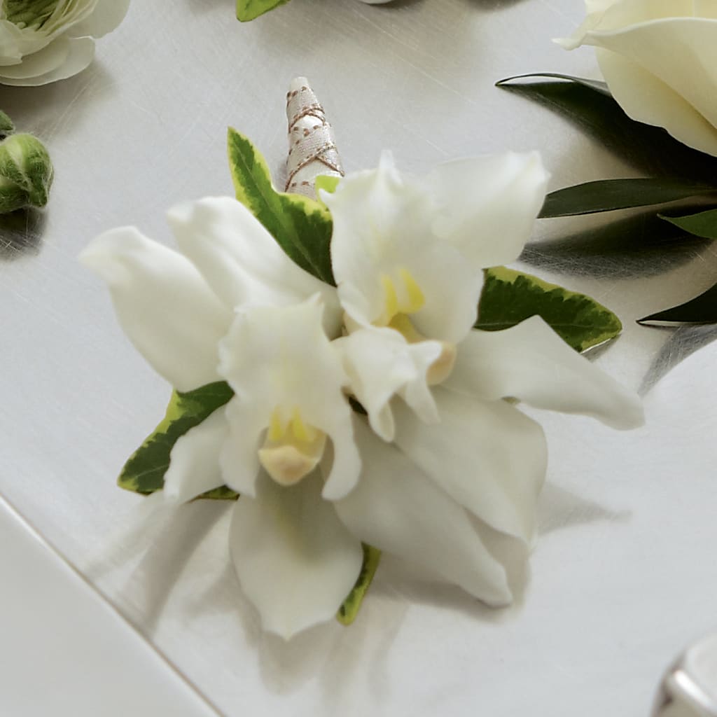 White Mini Cymbidium Boutonniere – Secret Garden Atx, Hutto TX