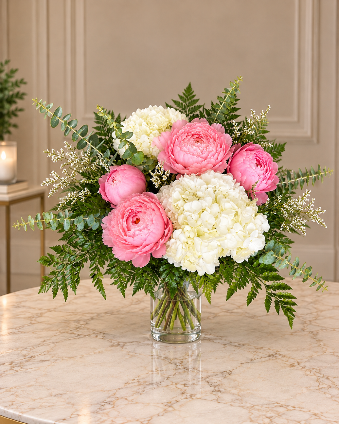 Pink Peonies & White Hydrangea Bouquet
