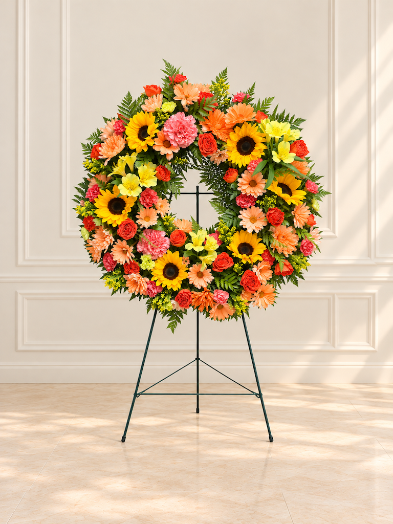 Vibrant Celebration Floral Wreath on Easel