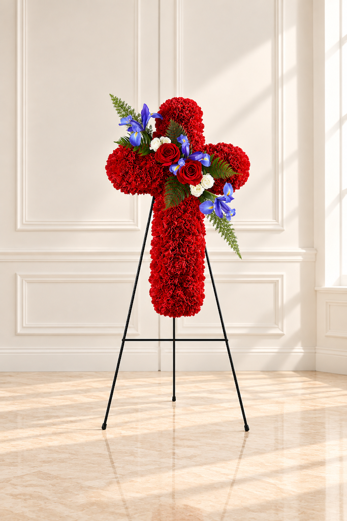 Red Carnation Cross Standing Arrangement