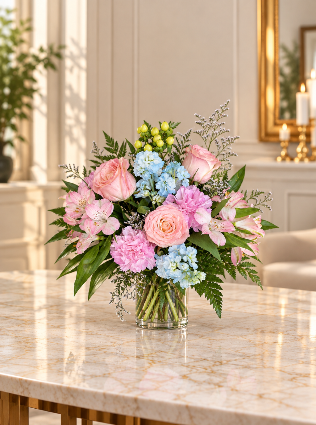 Pastel Roses & Blue Blooms Arrangement