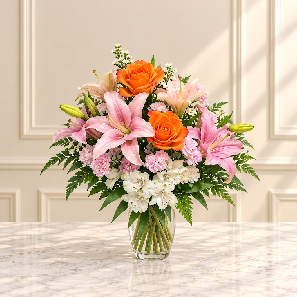 Pink Lily & Sunset Rose Arrangement